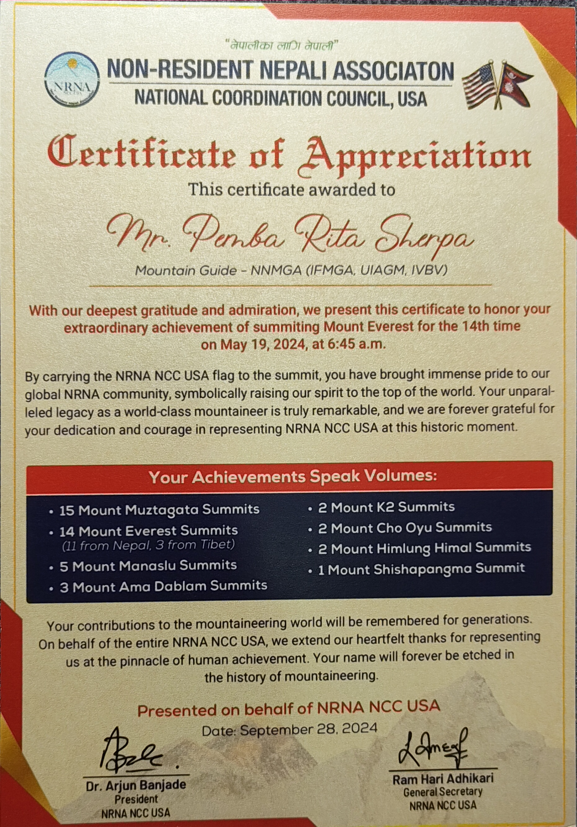 Appreciation from NRNA 