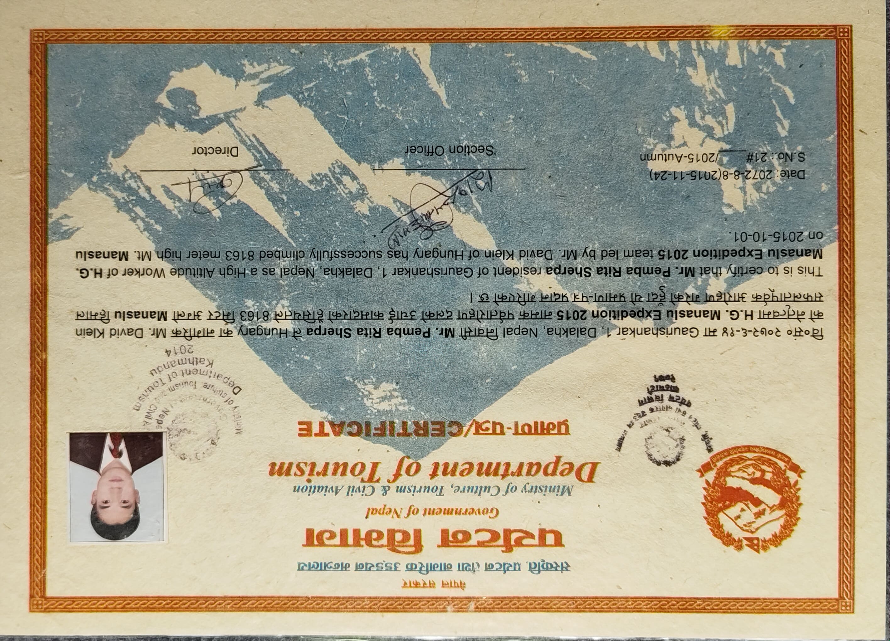 Manaslu Climbing Certificate 2015