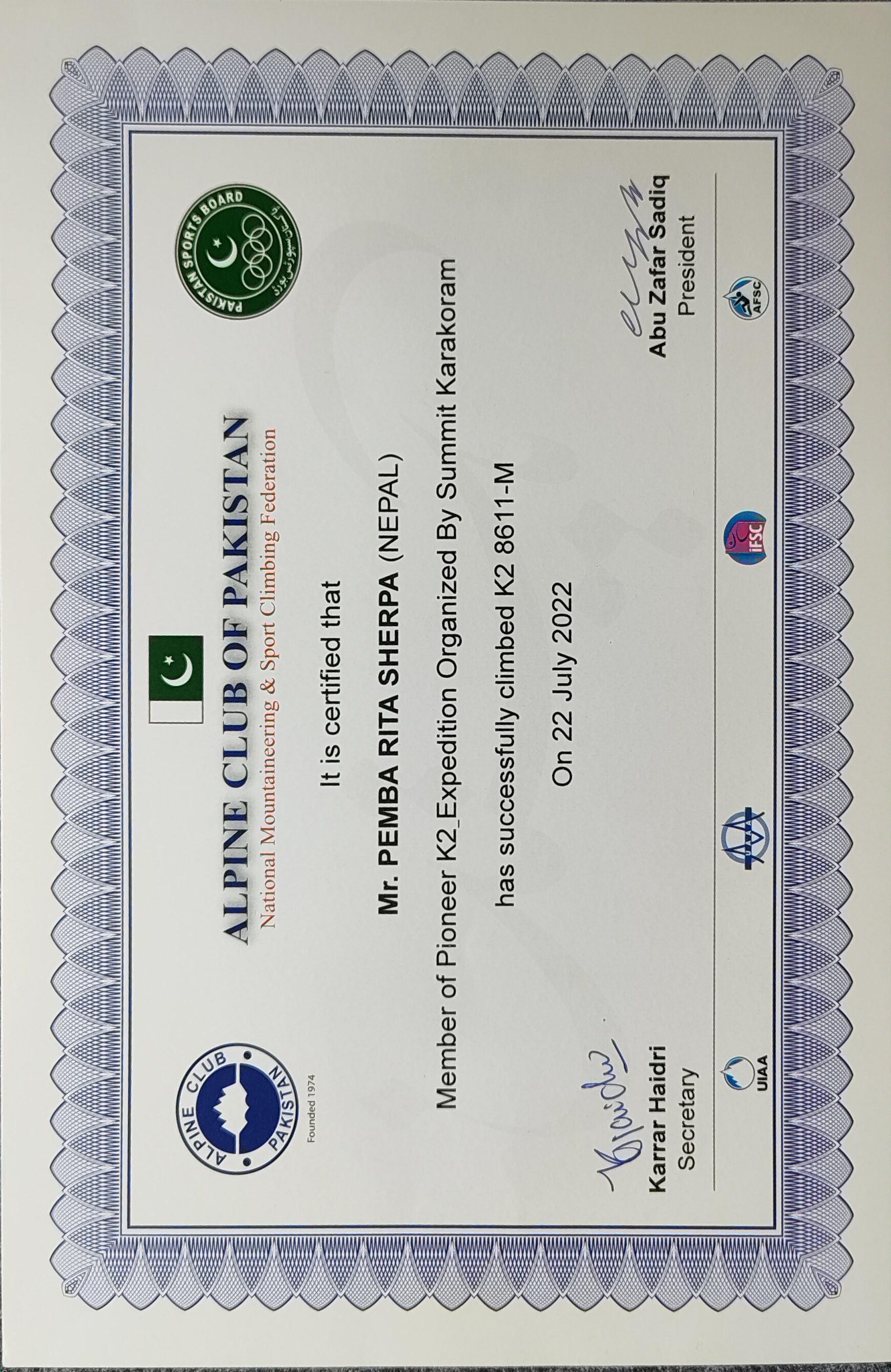 K2 Summit Certificate 2022